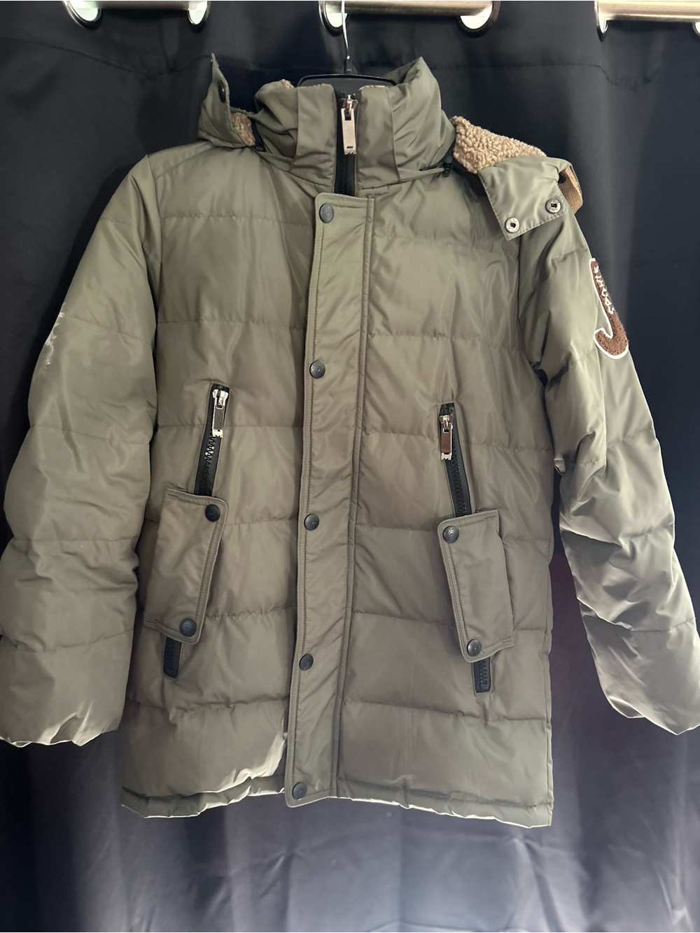 Kids Olive Green Puffer Jacket with Sherpa Hood